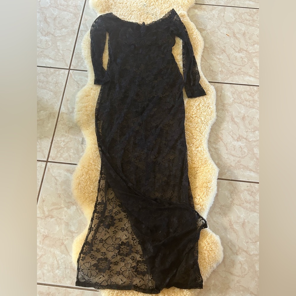 Black Sheer Lace Long-Sleeve Maxi Slip
